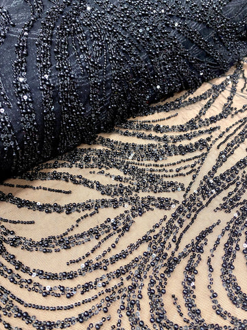 Dantela Couture Neagra cu Model Geometric, cu Perle, Margele si Paiete