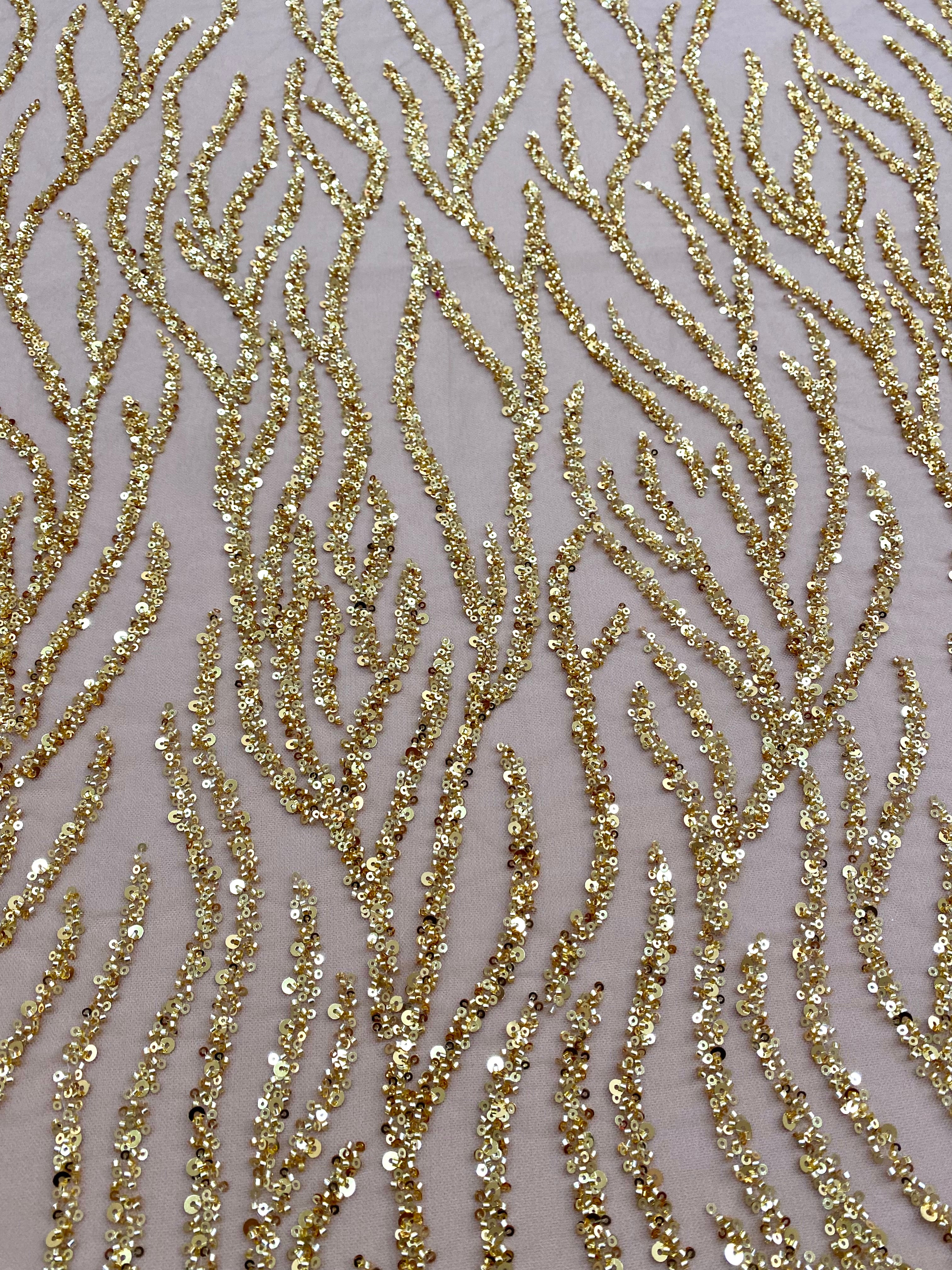 Dantela Couture Aurie cu Siraguri, cu Margele si Paiete