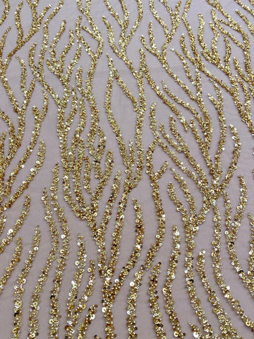 Dantela Couture Aurie cu Siraguri, cu Margele si Paiete