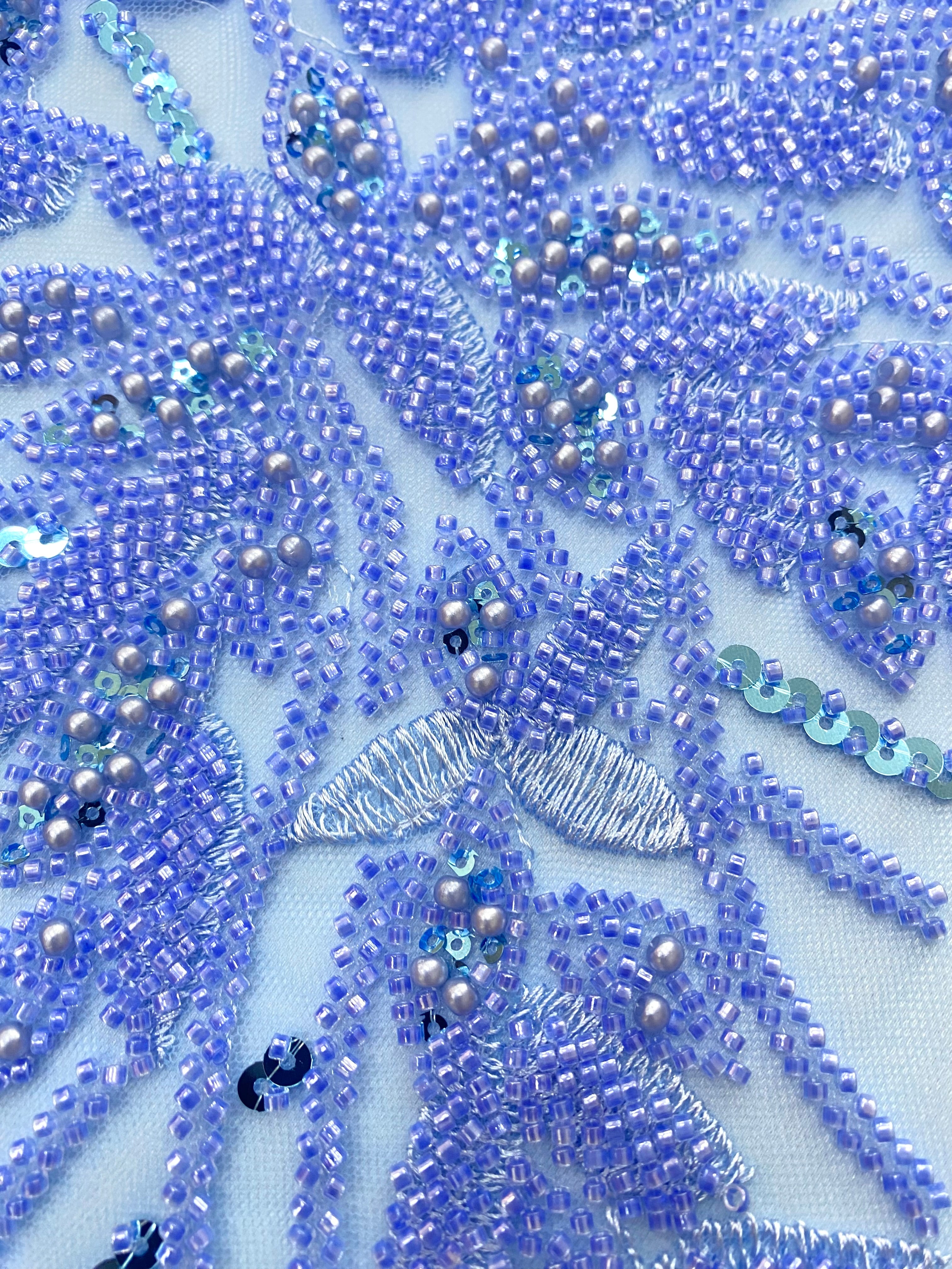 Dantela Couture Sky Blue cu Model Floral, Perle, Margele si Paiete