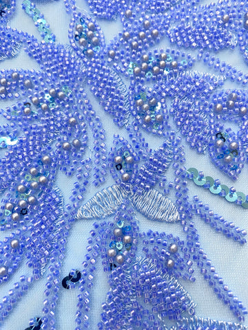 Dantela Couture Sky Blue cu Model Floral, Perle, Margele si Paiete