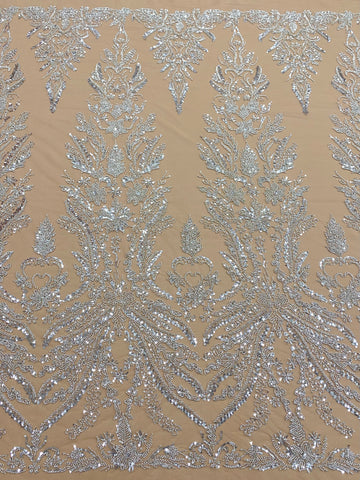 Dantela Couture Argintie pe Tulle Nude, cu Model Floral, cu Margele si Paiete