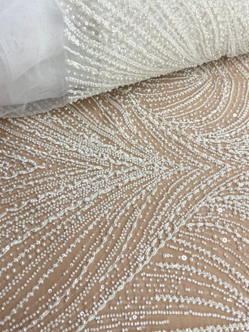 Dantela Couture Ivory cu Model Geometric, cu Perle, Margele si Paiete