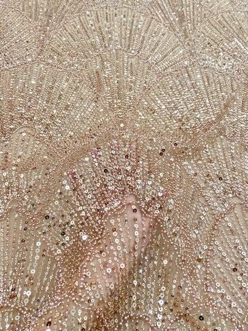 Dantela Couture Auriu Rose cu Model Geometric, cu Perle, Margele si Paiete