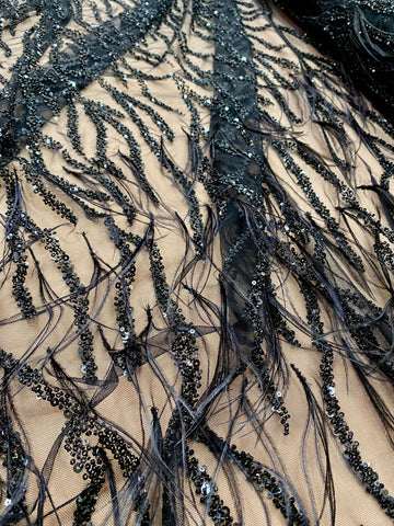 Dantela Couture Neagra cu Pene de Strut, cu Siraguri, cu Margele si Paiete