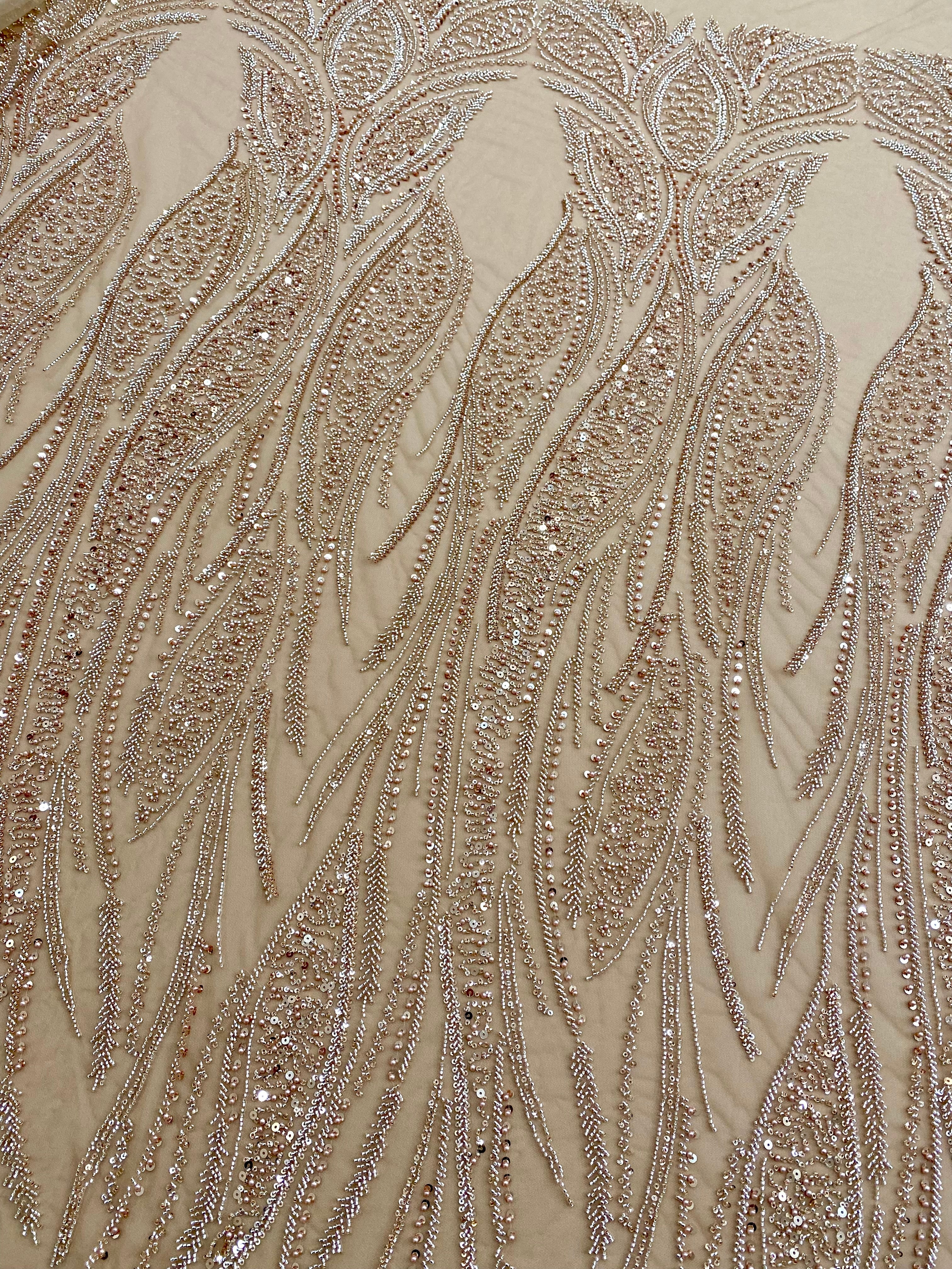 Dantela Couture Auriu Rose cu Panou, cu Perle, Margele si Paiete