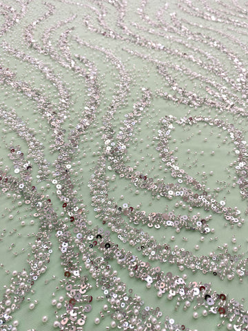 Dantela Couture Argintie pe Tulle Verde Menta cu Perle, Margele si Paiete