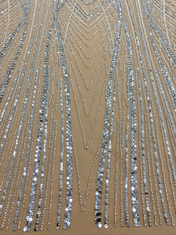 Dantela Couture Argintie pe Tulle Nude cu Panou, cu Margele si Paiete