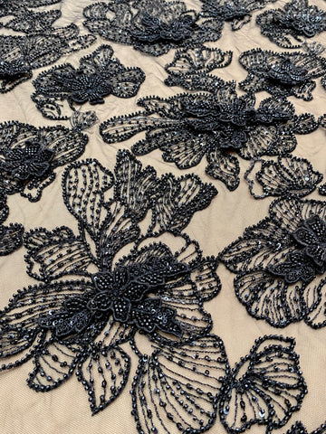 Dantela Couture 3D cu Flori Neagra cu Margele si Paiete