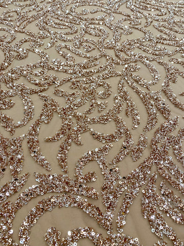 Dantela Couture Auriu Rose cu Model Geometric, cu Margele si Paiete