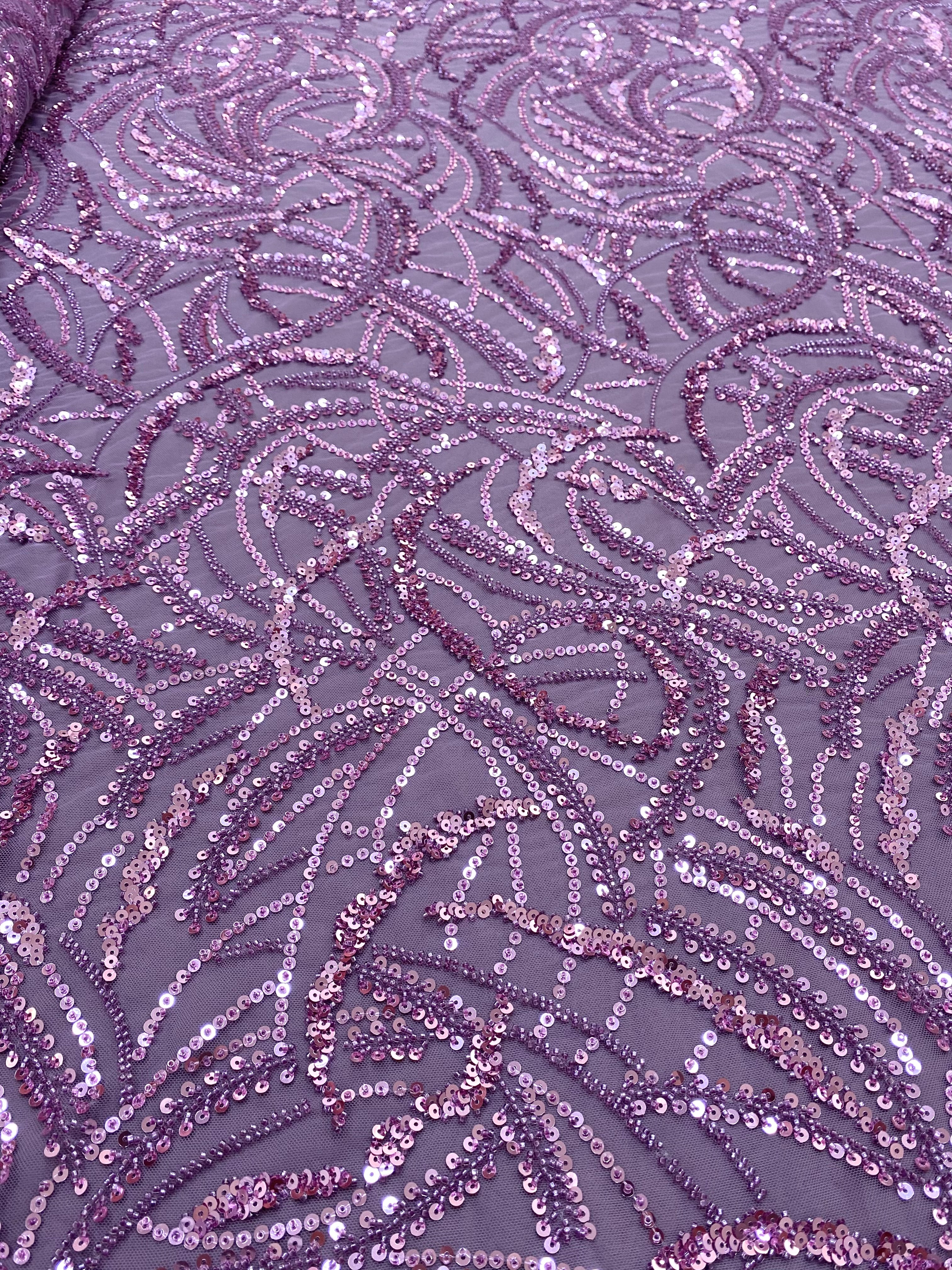 Dantela Couture Pudra cu Model Geometric, Margele si Paiete