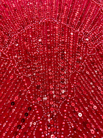 Dantela Couture Rosie cu Model Geometric, cu Perle, Margele si Paiete