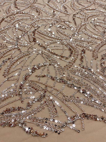 Dantela Couture Auriu Rose cu Model Geometric, Margele si Paiete