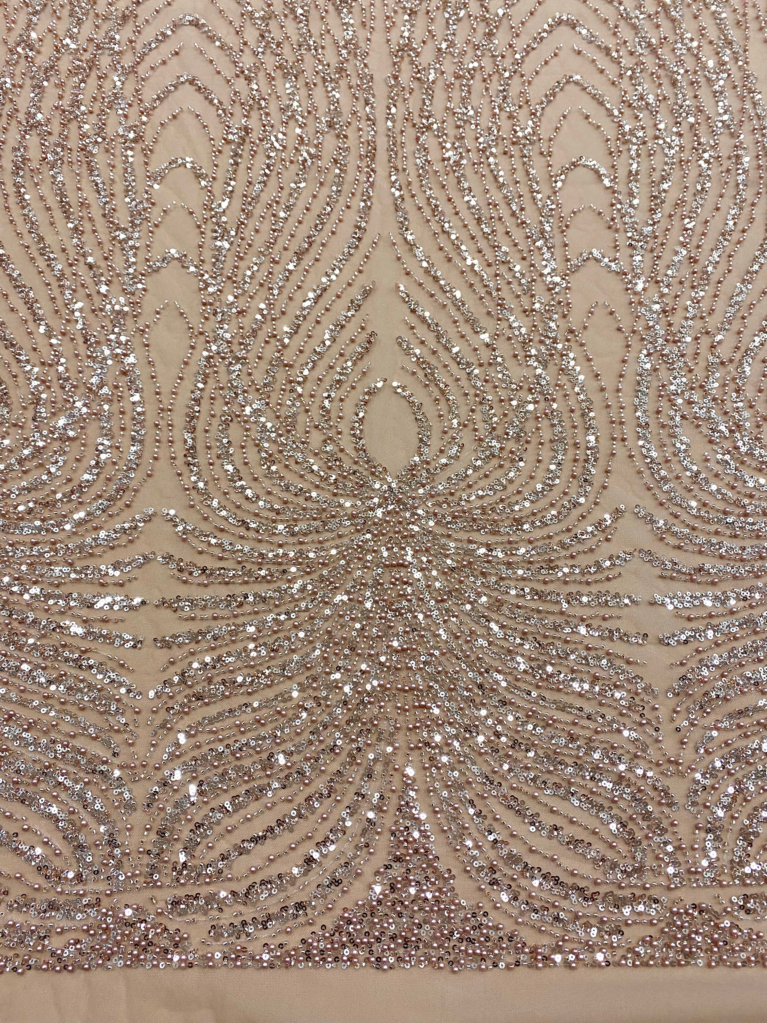 Dantela Couture Auriu Rose cu Panou, cu Perle, Margele si Paiete