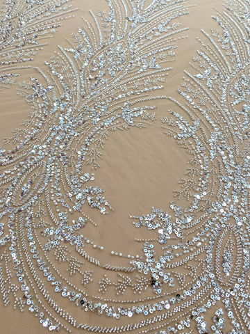 Dantela Couture Argintie cu Tulle Nude cu Panou, cu Perle, Margele si Paiete