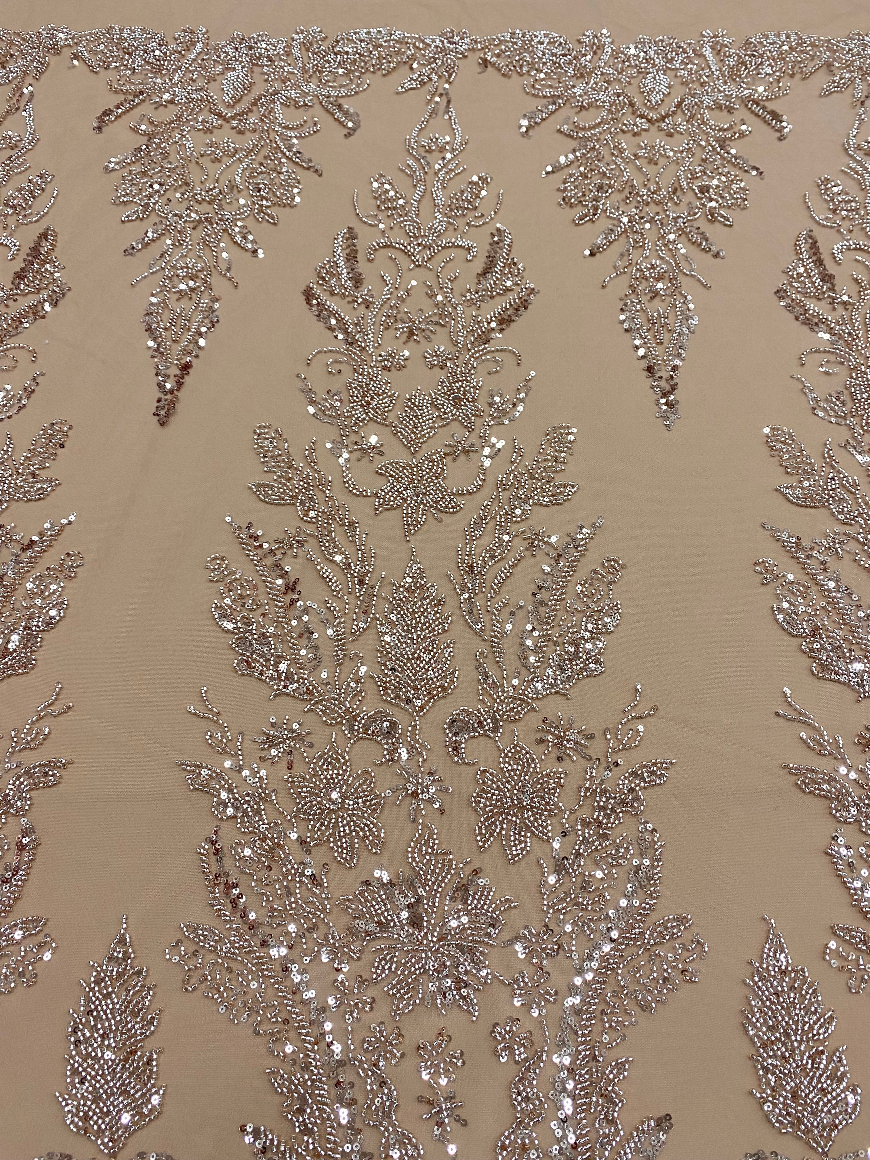 Dantela Couture Auriu Rose cu Model Floral, cu Margele si Paiete