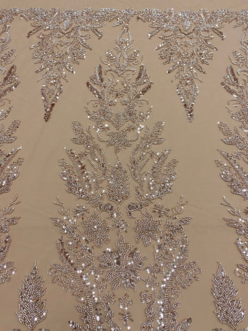 Dantela Couture Auriu Rose cu Model Floral, cu Margele si Paiete