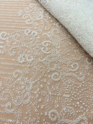Dantela Couture Ivory cu Model Geometric, cu Perle, Margele si Paiete