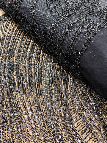 Dantela Couture Neagra cu Model Geometric, cu Margele si Paiete