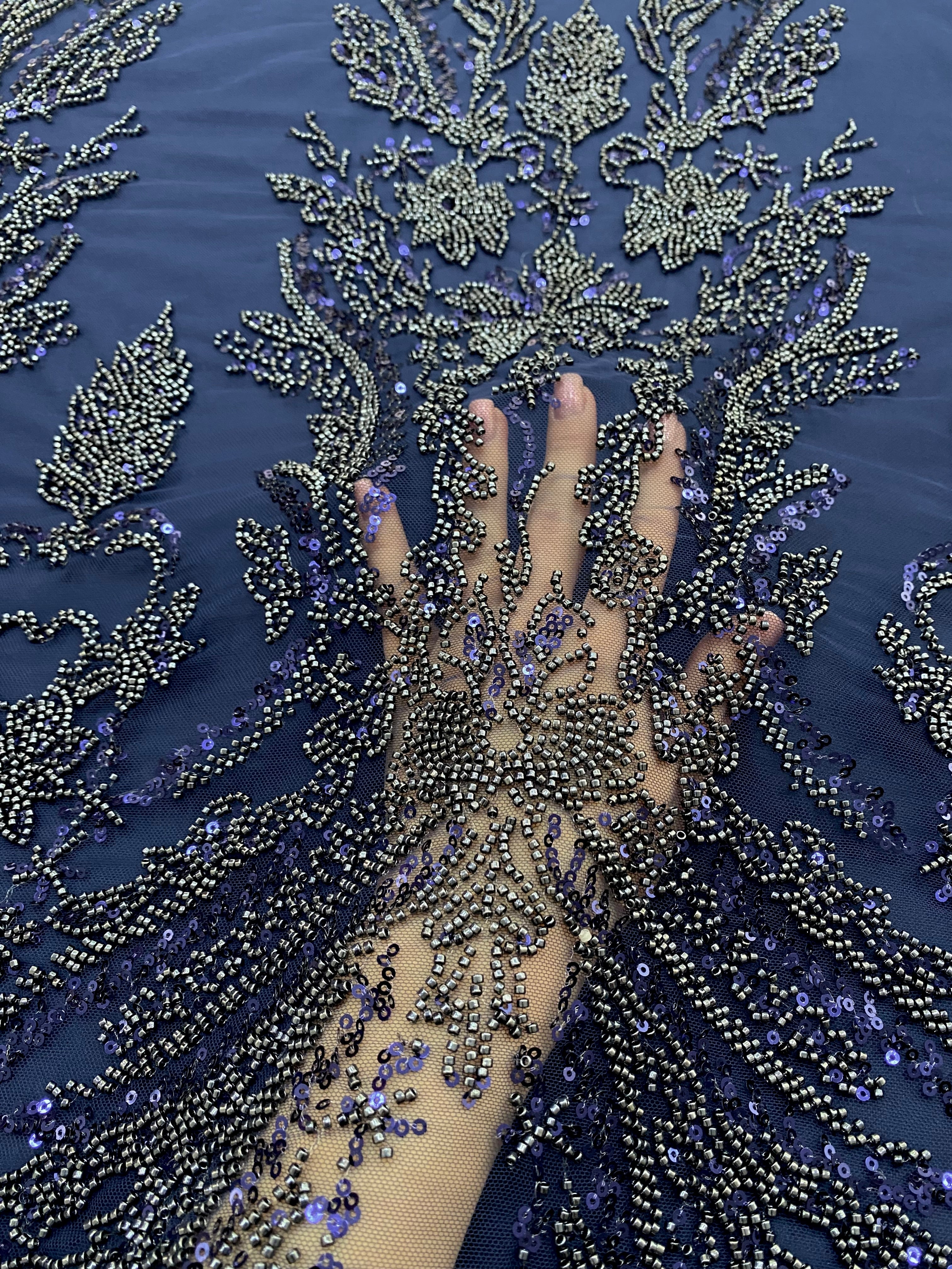 Dantela Couture Bleumarin cu Model Floral, cu Margele si Paiete