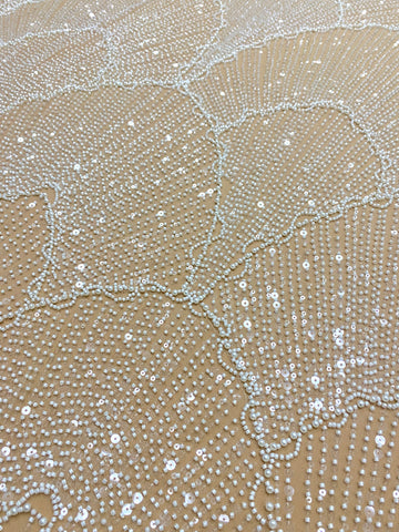Dantela Couture Ivory cu Tulle Nude cu Model Geometric, cu Perle, Margele si Paiete