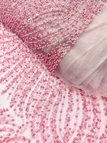 Dantela Couture Roz cu Panou, cu Perle, Margele si Paiete