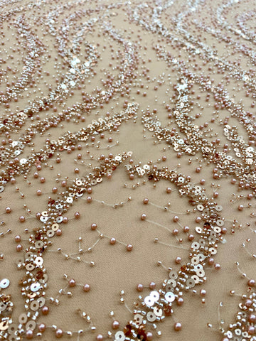 Dantela Couture Auriu Rose cu Perle, Margele si Paiete
