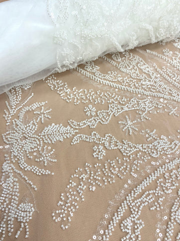 Dantela Couture Ivory cu Model Floral, cu Margele si Paiete