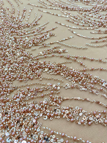 Dantela Couture Auriu Rose cu Model Liniar, cu Perle, Margele si Paiete