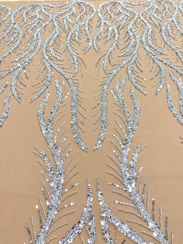 Dantela Couture Argintie pe Tulle Nude cu Panou, cu Margele si Paiete