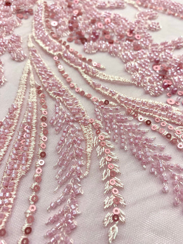 Dantela Couture Roz cu Model Floral cu Perle, Margele si Paiete