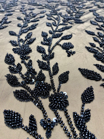 Dantela Couture Neagra cu Model Floral, Perle, Margele si Paiete