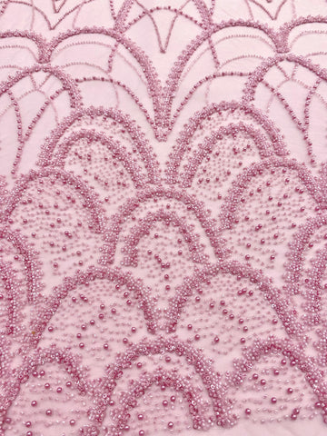 Dantela Couture Roz cu Model Geometric, cu Perle, Margele si Paiete