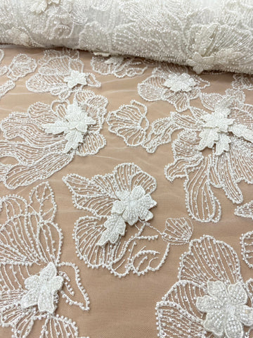 Dantela Couture 3D cu Flori Ivory, cu Margele si Paiete
