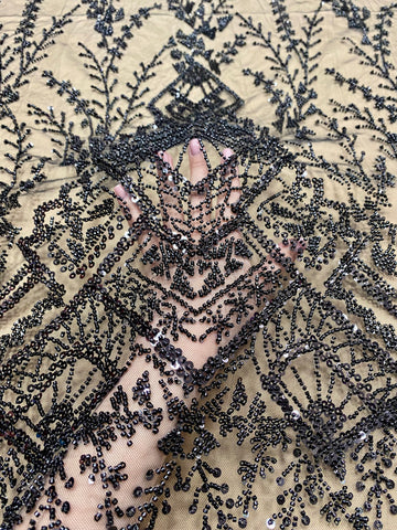Dantela Couture Neagra cu Model Geometric, cu Margele si Paiete