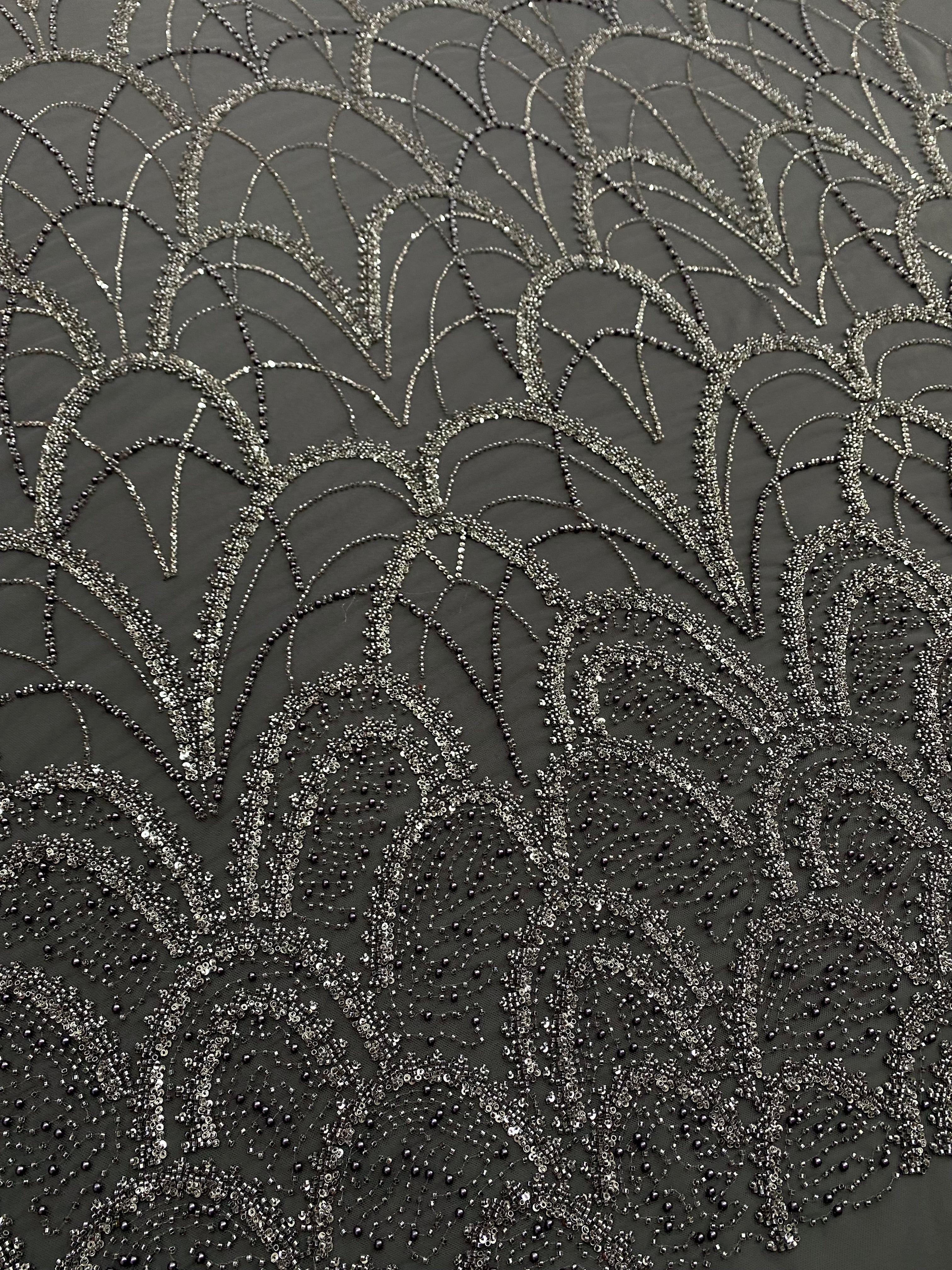 Dantela Couture Gri Antracit cu Model Geometric, cu Perle, Margele si Paiete