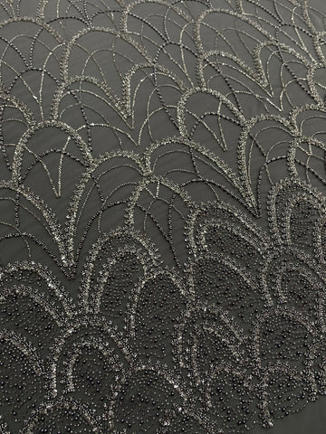 Dantela Couture Gri Antracit cu Model Geometric, cu Perle, Margele si Paiete
