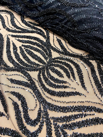 Dantela Couture Neagra cu Model Geometric, cu Margele si Paiete