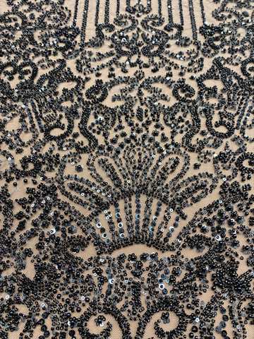 Dantela Couture Neagra cu Model Geometric, cu Perle, Margele si Paiete