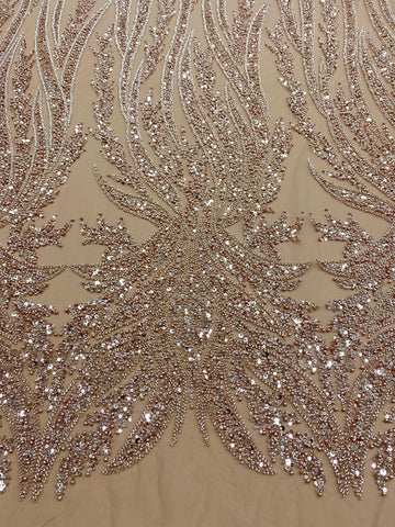 Dantela Couture Auriu Rose cu Panou, cu Perle, Margele si Paiete