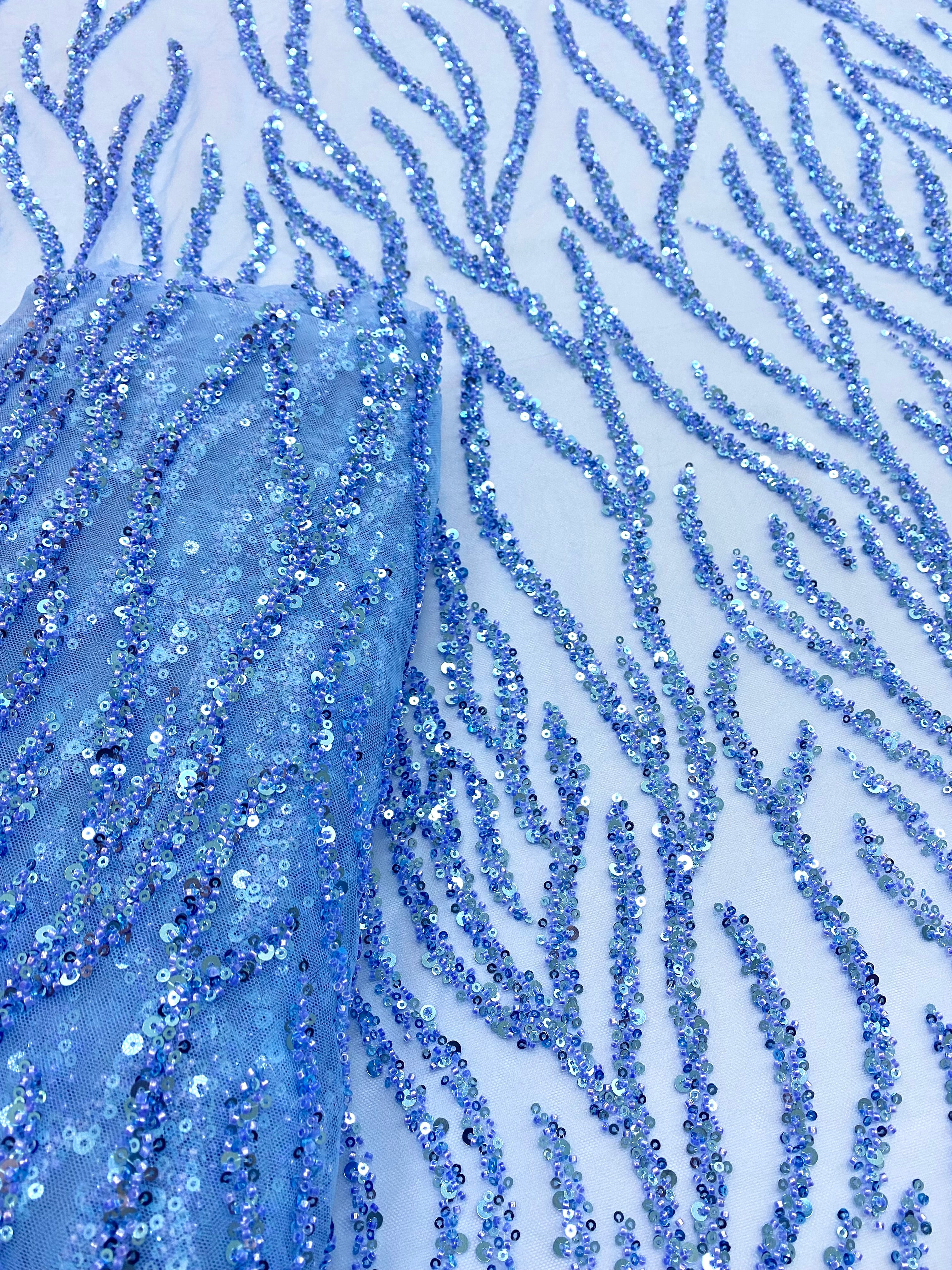 Dantela Couture Sky Blue cu Siraguri, cu Margele si Paiete