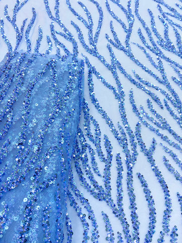 Dantela Couture Sky Blue cu Siraguri, cu Margele si Paiete