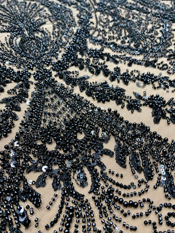 Dantela Couture Neagra cu Model Geometric, cu Perle, Margele si Paiete