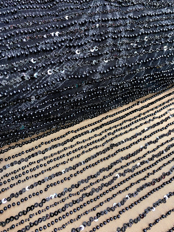 Dantela Couture Neagra cu Model Geometric, cu Perle, Margele si Paiete