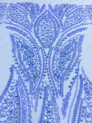 Dantela Couture Sky Blue cu Panou, cu Perle, Margele si Paiete
