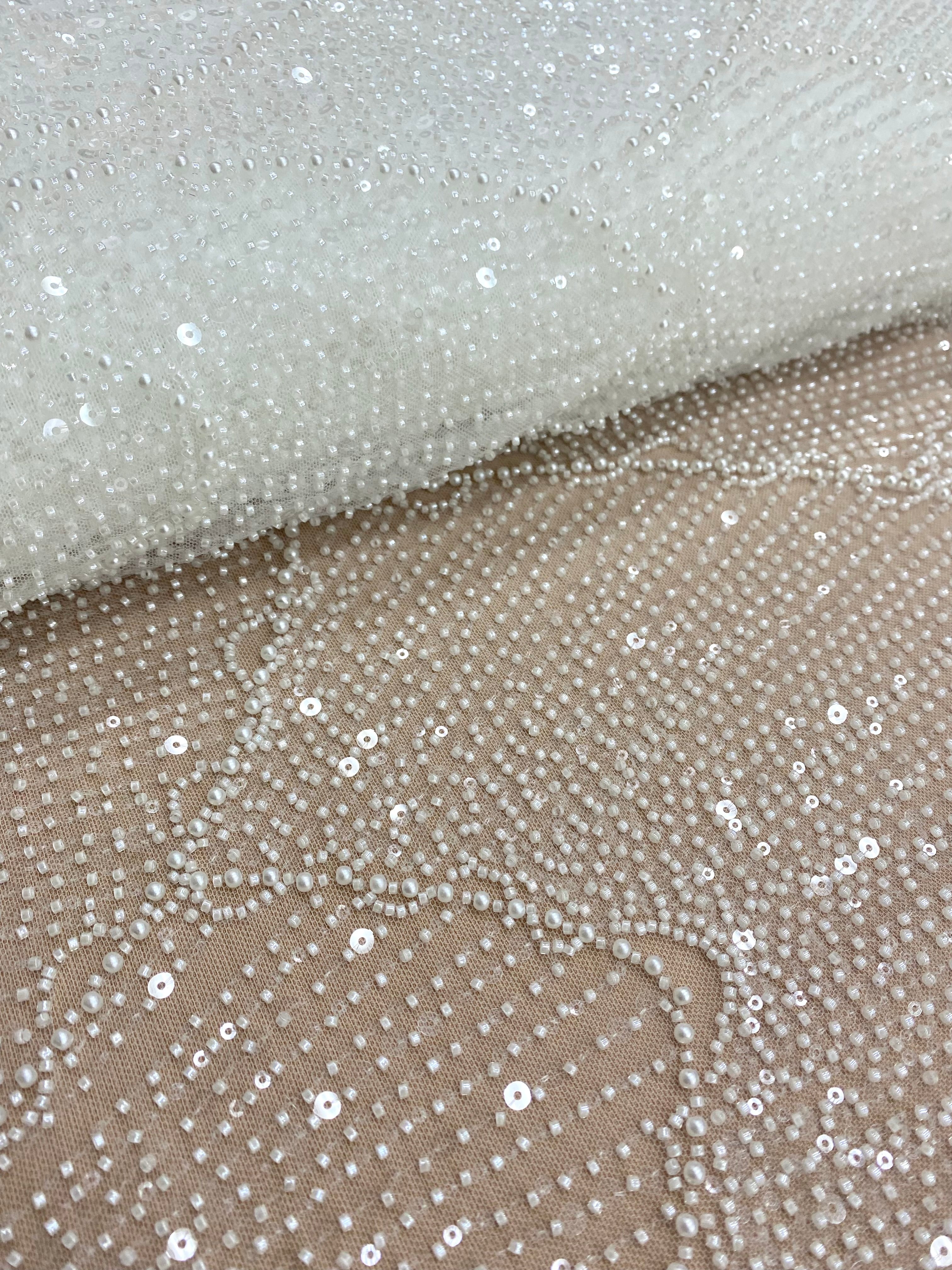 Dantela Couture Ivory cu Model Geometric, cu Perle, Margele si Paiete