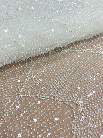 Dantela Couture Ivory cu Model Geometric, cu Perle, Margele si Paiete