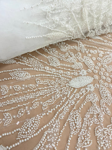 Dantela Couture Ivory cu Model Geometric, cu Perle, Margele si Paiete