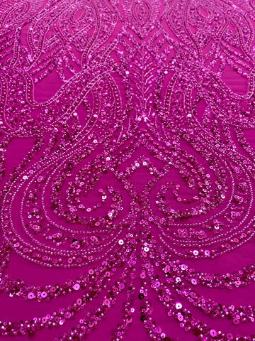 Dantela Couture Fucsia cu Model Geometric, cu Perle, Margele si Paiete