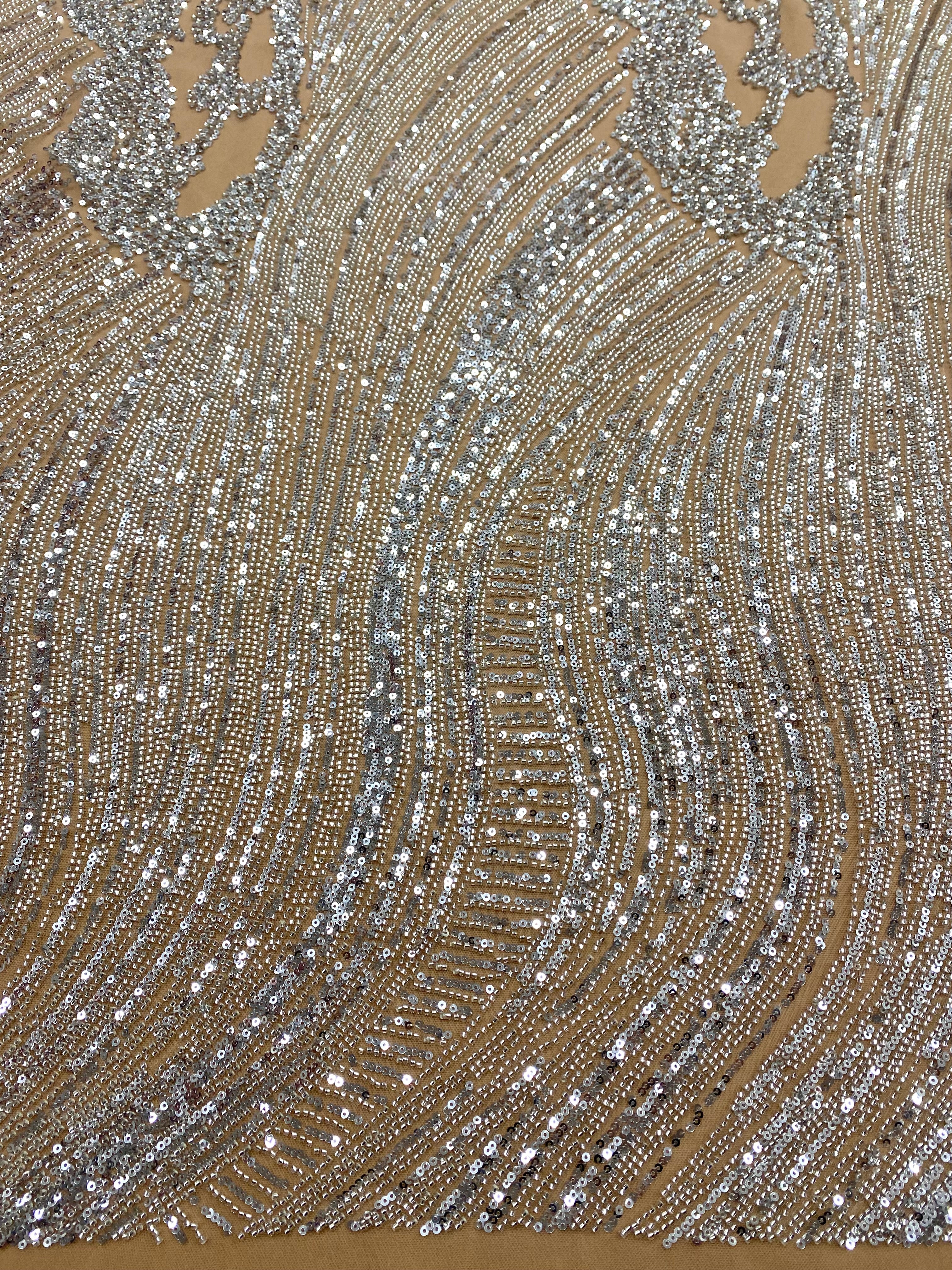 Dantela Couture Argintie pe Tulle Nude cu Model Geometric, cu Margele si Paiete